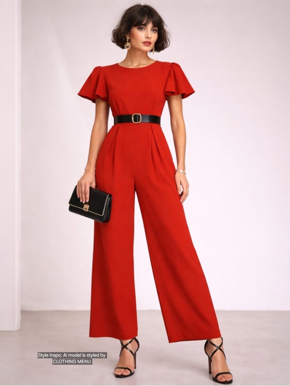 ZARA Red Wide-Leg Jumpsuit with Flutter Sleeves